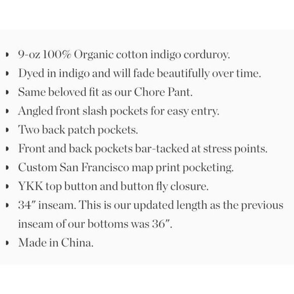 Taylor Stitch The Camp Pant men’s 28 in indigo cord blue corduroy button fly NEW - Picture 14 of 14